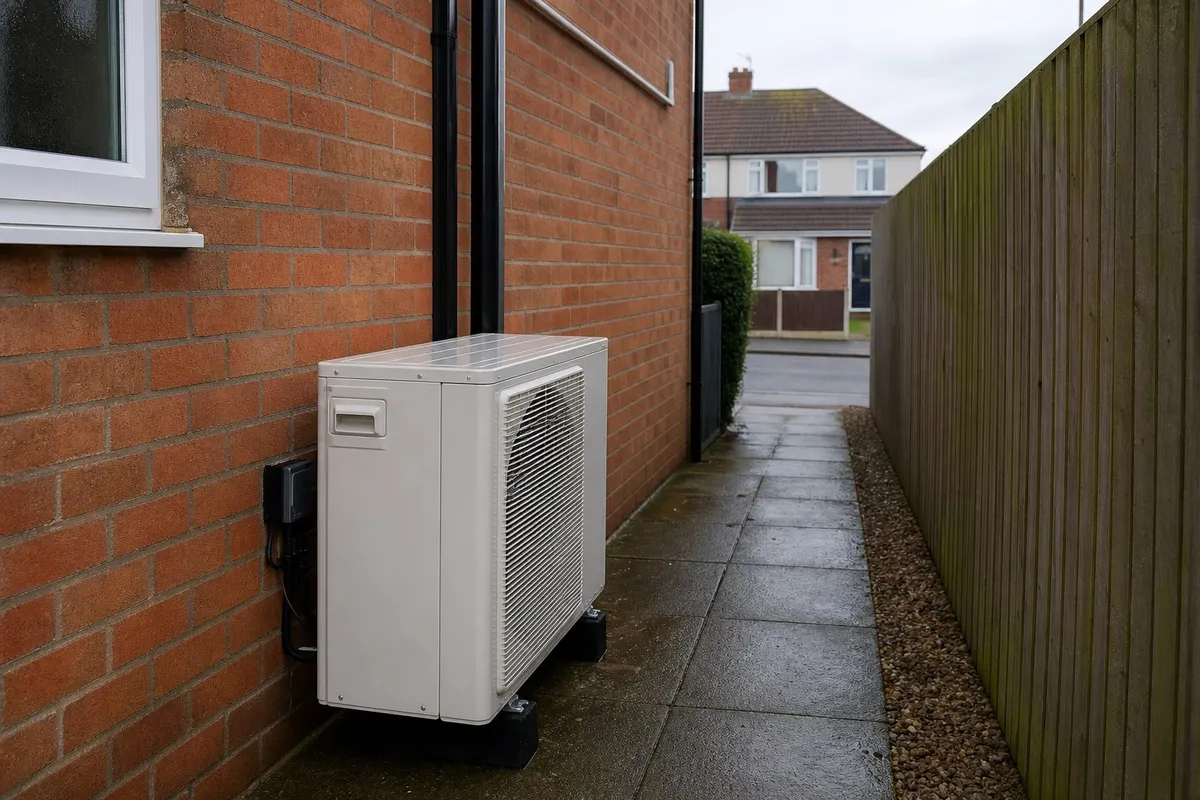 Air source heat pump fitted in the side passage of a Darlington brick terrace