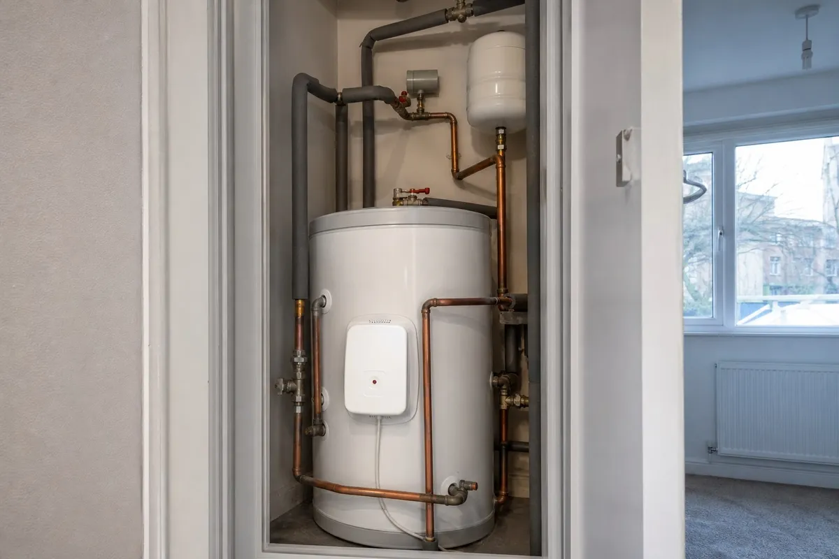 Hot water cylinder and hybrid heat pump controls in a Darlington airing cupboard
